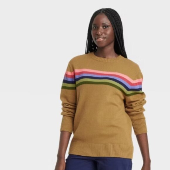 Houston White Sweaters - Houston White XL Striped Cotton Sweater Beige Multicolor